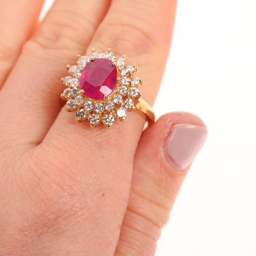 1345 - EFFY - an 18ct gold ruby and diamond cluster ring, set with 3ct oval mixed-cut ruby surrounded by 2 ... 