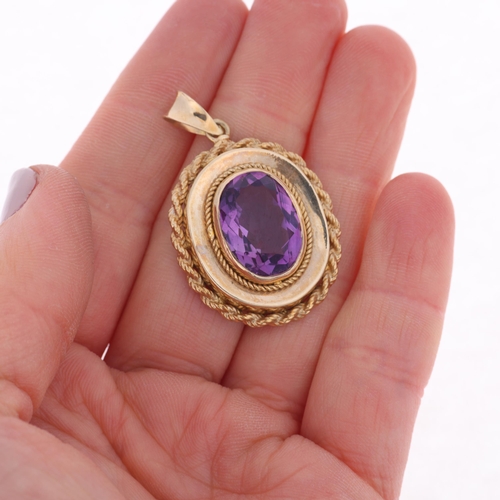 1346 - A 9ct gold amethyst drop pendant, maker T&B, import London 1974, in the Victorian style, set with ov... 