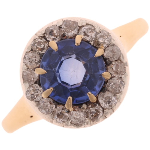 1348 - An Antique 18ct gold sapphire and diamond target cluster ring, claw set with 1.3ct round-cut sapphir... 