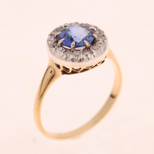 1348 - An Antique 18ct gold sapphire and diamond target cluster ring, claw set with 1.3ct round-cut sapphir... 