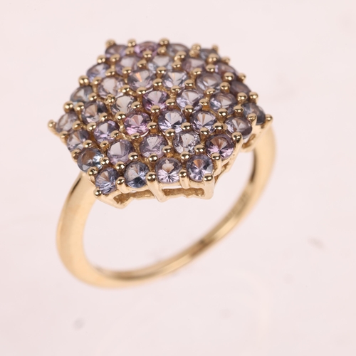 1355 - A 9ct gold alexandrite hexagonal cluster ring, maker CR, Birmingham 2014, setting height 17mm, size ... 