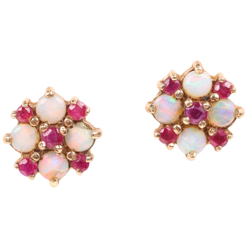 1360 - A pair of 9ct gold ruby and opal cluster stud earrings, London 1999, 10.5mm, 2.3g