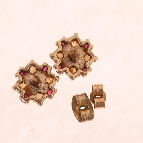 1360 - A pair of 9ct gold ruby and opal cluster stud earrings, London 1999, 10.5mm, 2.3g