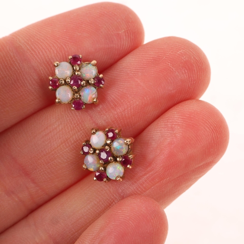 1360 - A pair of 9ct gold ruby and opal cluster stud earrings, London 1999, 10.5mm, 2.3g