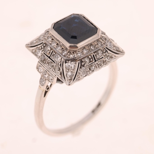 1361 - A platinum sapphire and diamond cluster cocktail ring, rub-over set with octagonal step-cut sapphire... 