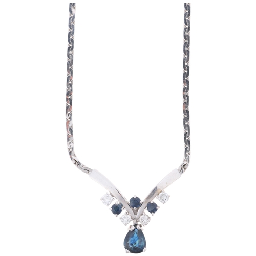 1362 - A modern 9ct white gold sapphire and diamond collar necklace, set with pear and round-cut sapphires ... 