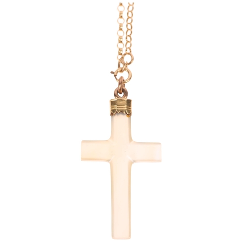 1366 - A Vintage glass cross pendant necklace, on 9ct belcher link chain, pendant 41.8mm, chain 44cm, 5.6g