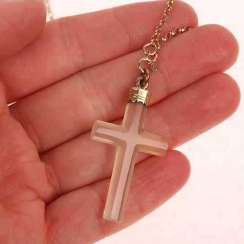 1366 - A Vintage glass cross pendant necklace, on 9ct belcher link chain, pendant 41.8mm, chain 44cm, 5.6g