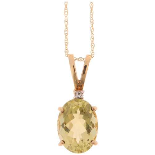 1370 - A 9ct gold lemon quartz and white sapphire pendant necklace, on 9ct Prince of Wales link chain, pend... 