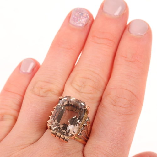 1371 - A Middle Eastern rose gold smoky quartz dress ring, set with octagonal step-cut smoky quartz, mount ... 