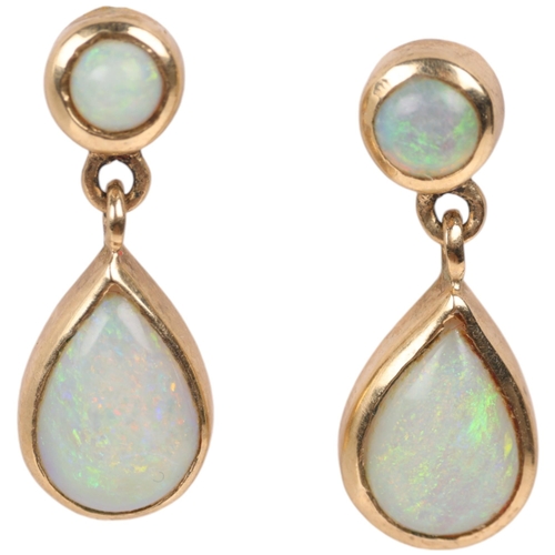 1373 - A pair of 9ct gold opal drop stud earrings, set with pear and round cabochon opals, 15.4mm, 1.1g