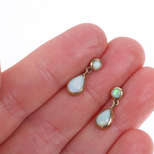 1373 - A pair of 9ct gold opal drop stud earrings, set with pear and round cabochon opals, 15.4mm, 1.1g