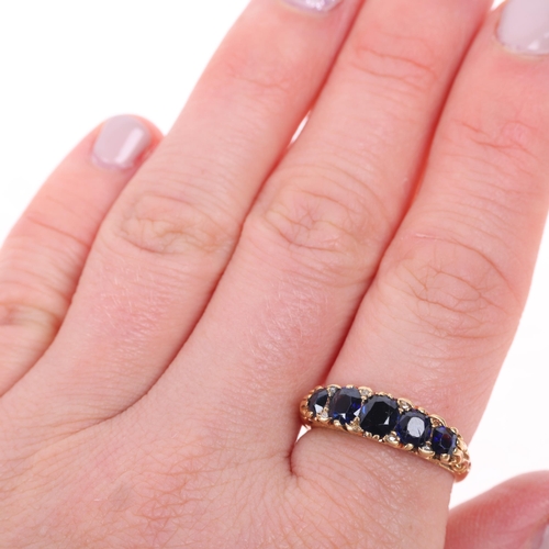 1378 - An 18ct gold five stone sapphire half hoop ring, set with oval mixed-cut sapphires, with rose-cut di... 