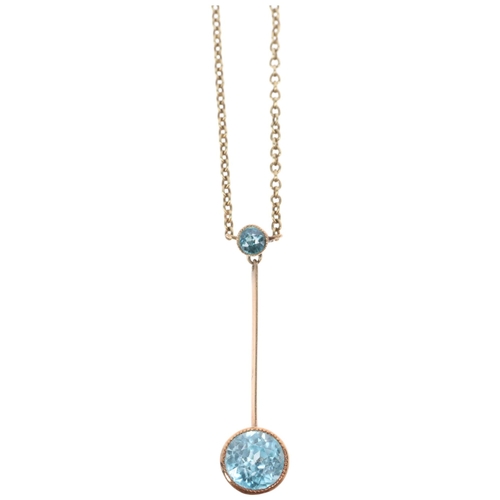 1380 - An Antique Edwardian 14ct gold blue zircon pendant necklace, on integral 14ct fine cable link chain,... 