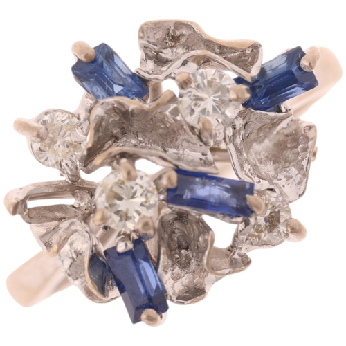 1381 - An 18ct white gold sapphire and diamond abstract cocktail ring, set with baguette-cut sapphires and ... 