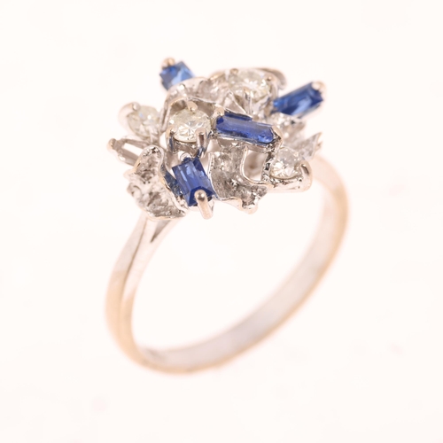 1381 - An 18ct white gold sapphire and diamond abstract cocktail ring, set with baguette-cut sapphires and ... 