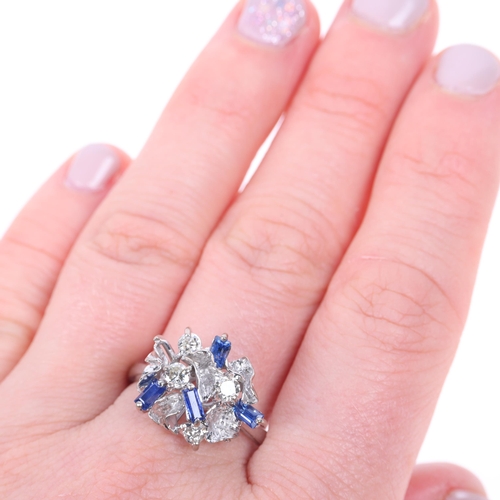 1381 - An 18ct white gold sapphire and diamond abstract cocktail ring, set with baguette-cut sapphires and ... 