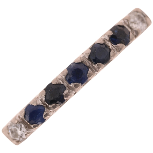 1382 - A mid-20th century 9ct white gold seven stone sapphire and diamond half hoop ring, set with round-cu... 