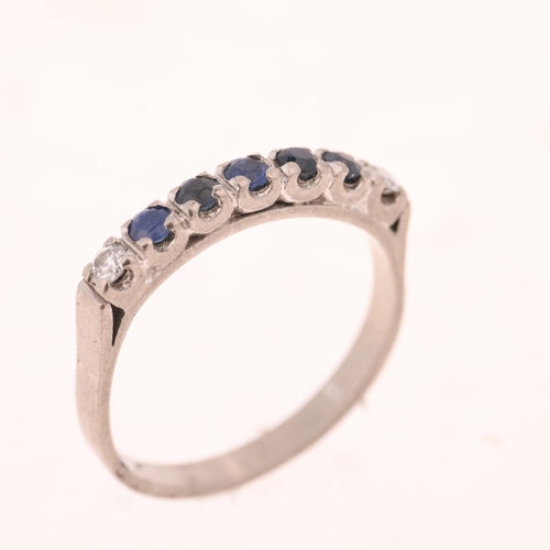 1382 - A mid-20th century 9ct white gold seven stone sapphire and diamond half hoop ring, set with round-cu... 