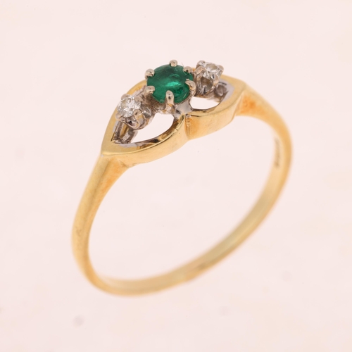 1387 - An 18ct gold three stone emerald and diamond ring, maker BJ, London 1981, set with round-cut emerald... 