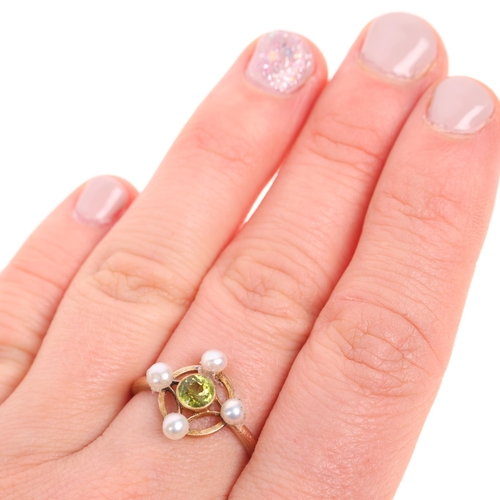 1391 - An Antique Edwardian peridot and pearl openwork ring, unmarked mount tests as 9ct gold, setting heig... 