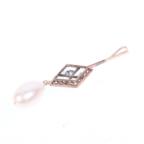 1392 - An Antique Edwardian pearl and aquamarine drop pendant, set with lozenge-cut aquamarines, unmarked m... 