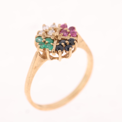 1393 - A 9ct gem set cluster ring, maker PMS, London 1991, gemstones include emerald sapphire ruby and diam... 