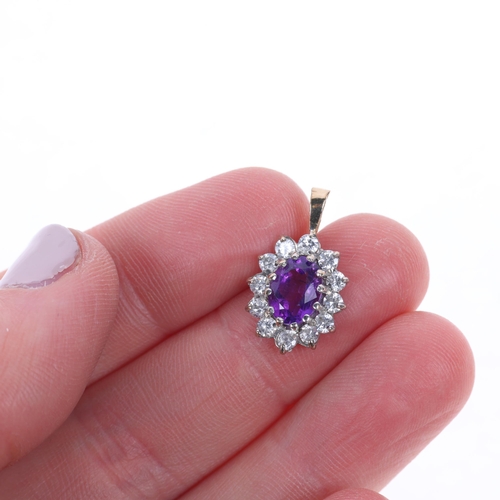 1403 - A 9ct gold amethyst and cubic zirconia cluster pendant, unmarked mount tests as 9ct, 19.9mm, 1.1g