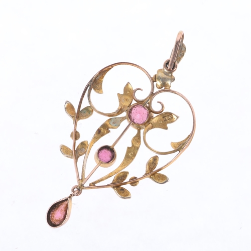 1405 - An Antique Edwardian 9ct gold garnet and pearl heart openwork pendant, 50.8mm, 2.8g