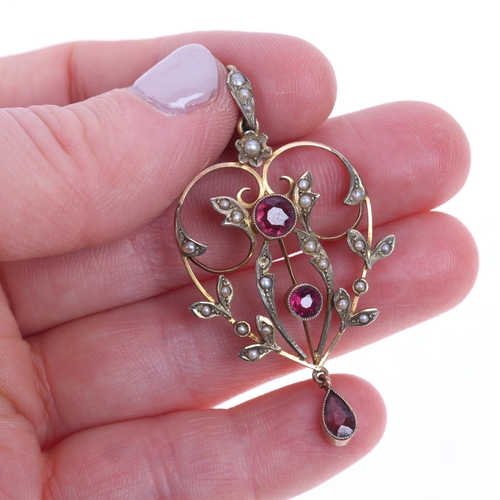 1405 - An Antique Edwardian 9ct gold garnet and pearl heart openwork pendant, 50.8mm, 2.8g