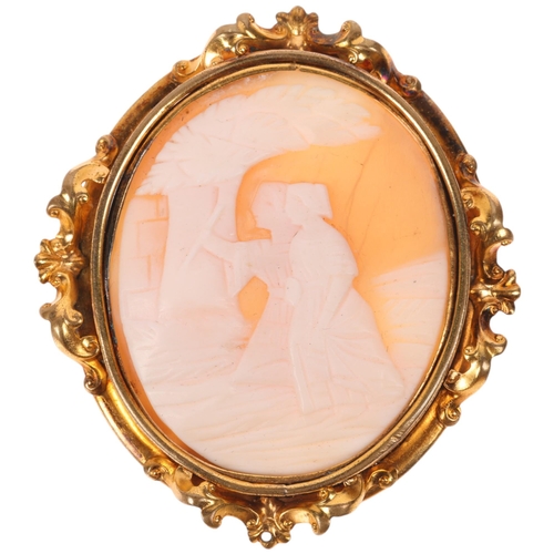 1409 - An Antique shell cameo brooch, relief carved depicting 2 ladies beneath a tree, in gilt-metal foliat... 