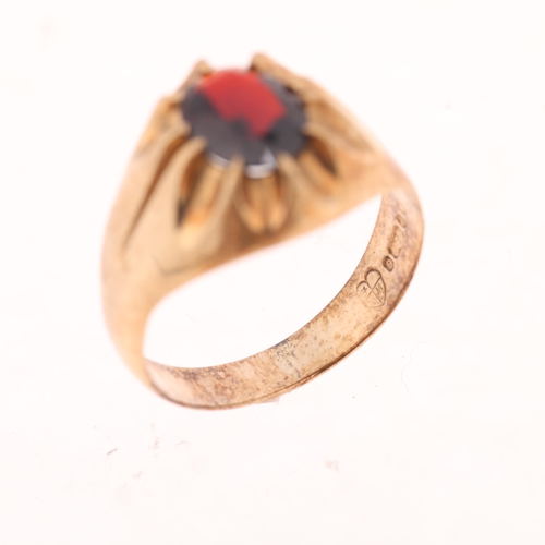 1418 - A 9ct gold single stone garnet gypsy ring, maker FM, London 1966, set with oval mixed-cut garnet, se... 