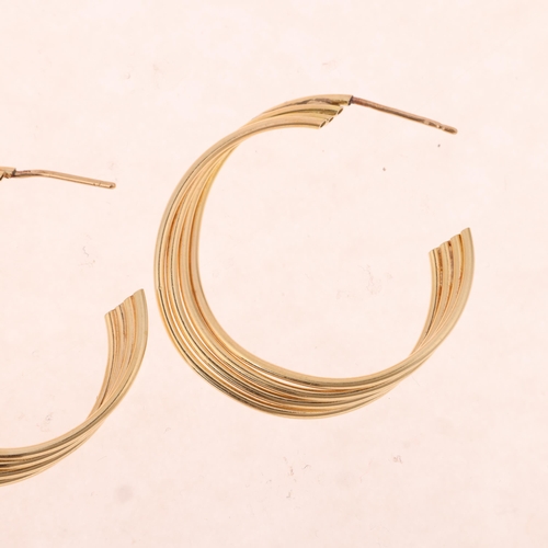 1422 - A pair of Continental 14ct gold twisted hoop stud earrings, unmarked mount tests as 14ct, 31.4mm, 4.... 