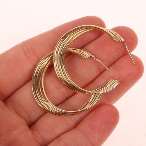 1422 - A pair of Continental 14ct gold twisted hoop stud earrings, unmarked mount tests as 14ct, 31.4mm, 4.... 