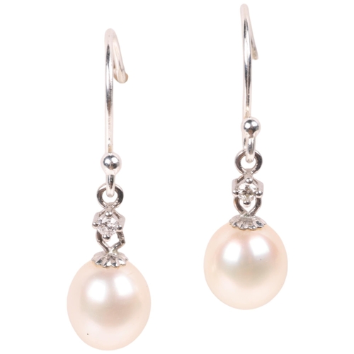 1430 - A pair of 18ct white gold cultured pearl and diamond drop earrings, with sterling silver shepherd ho... 