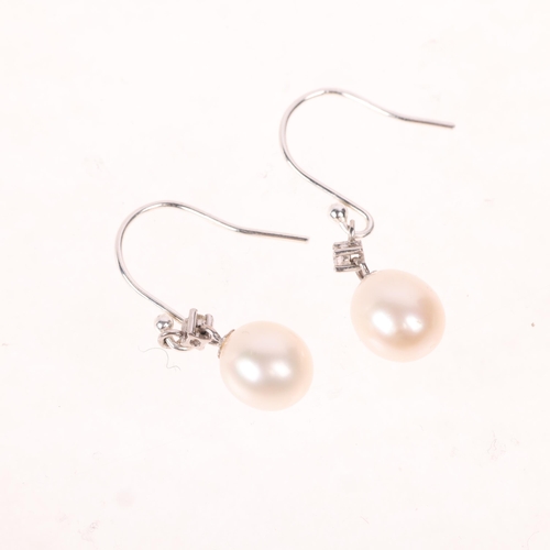 1430 - A pair of 18ct white gold cultured pearl and diamond drop earrings, with sterling silver shepherd ho... 