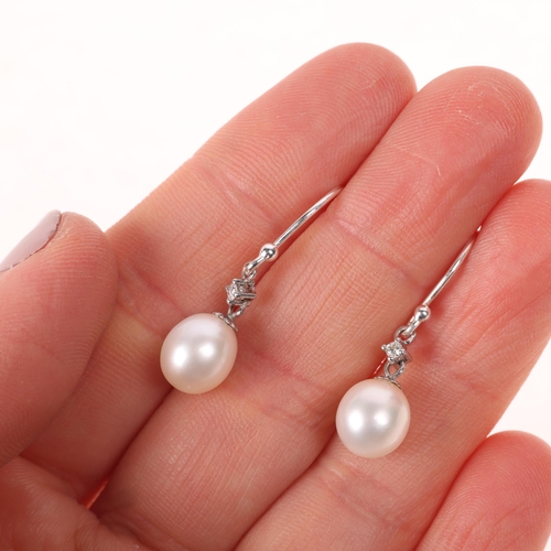 1430 - A pair of 18ct white gold cultured pearl and diamond drop earrings, with sterling silver shepherd ho... 