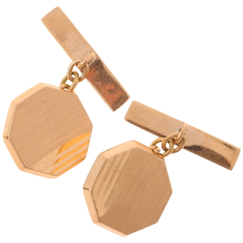 1432 - A pair of 9ct gold octagonal cufflinks, unmarked mount tests as 9ct, 13.6mm, 4.2g