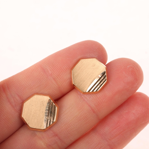 1432 - A pair of 9ct gold octagonal cufflinks, unmarked mount tests as 9ct, 13.6mm, 4.2g