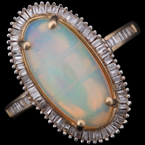 1434 - A 9ct gold opal and diamond oval cluster ring, set with oval cabochon opal surrounded by row of bagu... 