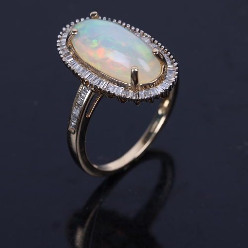 1434 - A 9ct gold opal and diamond oval cluster ring, set with oval cabochon opal surrounded by row of bagu... 