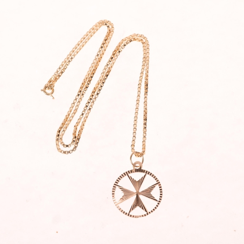 1440 - A Maltese 9ct rose gold Maltese Cross pendant necklace, on 9ct fine box link chain, pendant 21.3mm, ... 