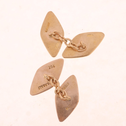 1442 - A pair of Art Deco 9ct rose gold lozenge cufflinks, maker SB&S Ltd, Birmingham 1922, engine turned d... 