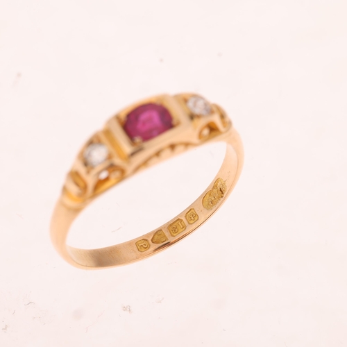 1448 - An Antique 18ct gold three stone ruby and diamond half hoop ring, indistinct maker, Chester 1898, se... 