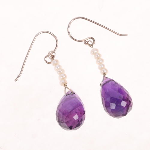 1452 - A pair of amethyst and pearl drop earrings, set with briolette-cut amethysts suspended from silver s... 