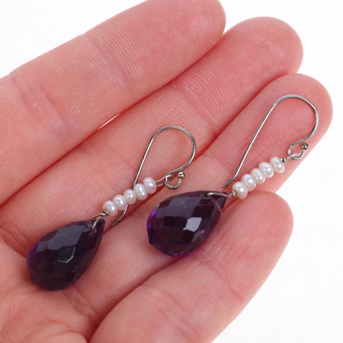 1452 - A pair of amethyst and pearl drop earrings, set with briolette-cut amethysts suspended from silver s... 