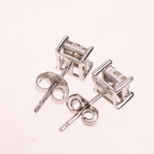 1454 - A pair of 14ct white gold diamond square cluster stud earrings, set with Princess-cut diamonds, tota... 