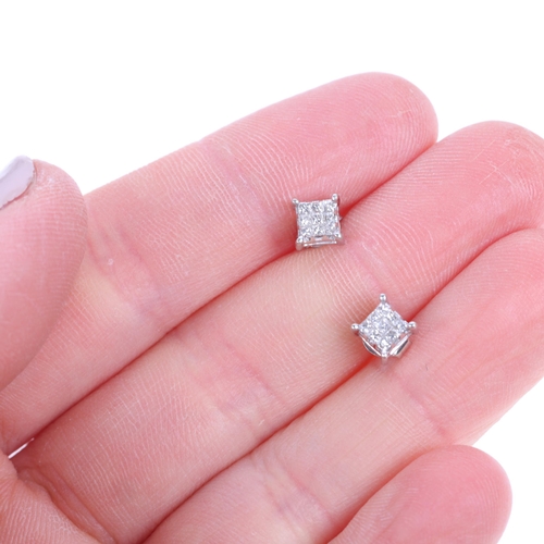 1454 - A pair of 14ct white gold diamond square cluster stud earrings, set with Princess-cut diamonds, tota... 