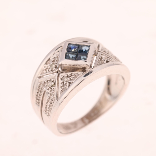 1460 - A 9ct white gold sapphire and diamond band ring, maker MG, setting height 10.8mm, size L, 4.1g