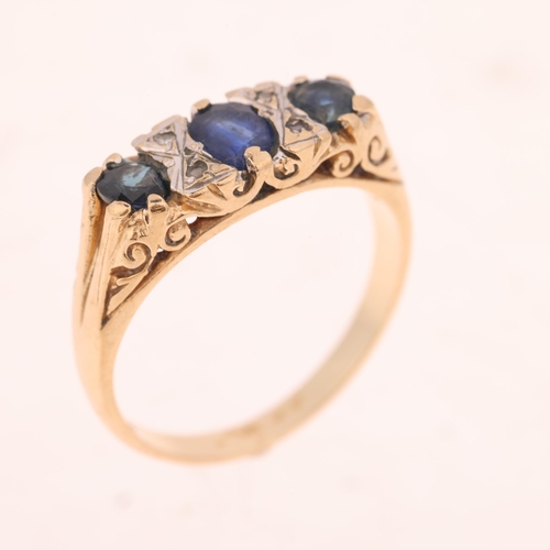 1465 - A 9ct gold seven stone sapphire and diamond half hoop ring, maker MJM, setting height 6.5mm, size P,... 